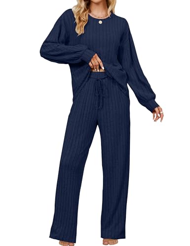 Image of Blooming Jelly Women Ribbed Long Sleeve Pajama Sets Fall Loungewear Pockets