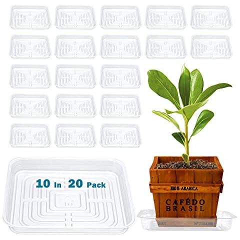 UltraOutlet 20 Pack Square Plant Saucer Plant Trays for Pots 10 Inch Plant Saucers for Outdoors and Indoor Clear Plant Pot Saucers Flower Pot Saucers to Catch Water Drip Tray (20, 10 in) Cover