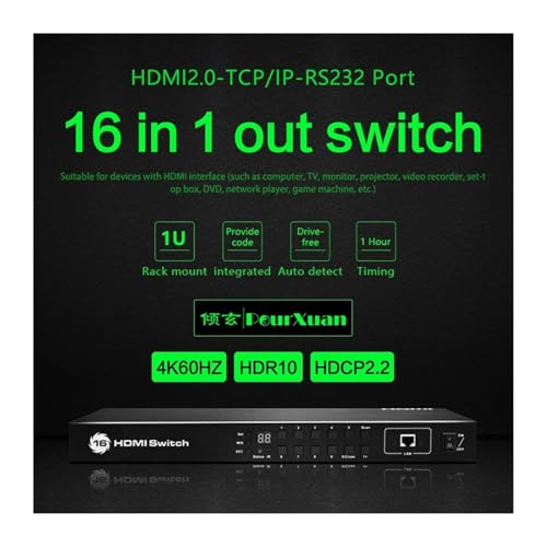 AUBEST Video Switcher, Switch 8 In 1 Out Timed Loop Automatic Switcher 4K 8 Ports Hub Splitter Adapter IR Extension(HDMI2.0 4K60Hz 16x1)