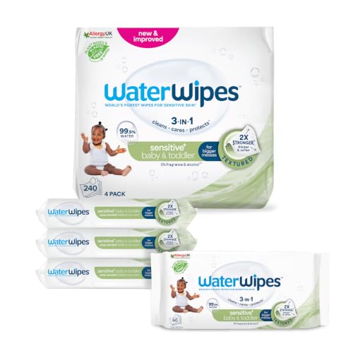WaterWipes Sensitive+ Baby & Toddler Wipes, 99.9% Water, Unscented, 4 Pack