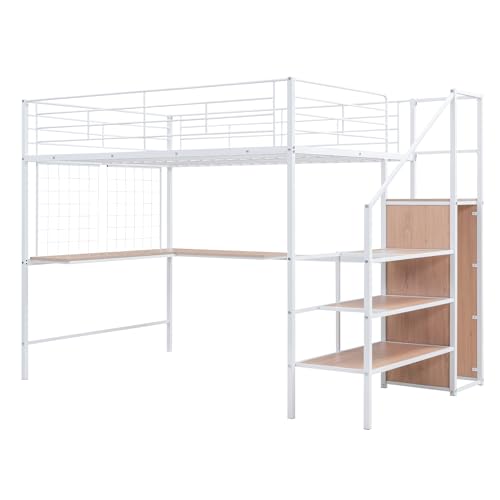Image of Bellemave Full Size Loft Bed with Desk and Wardrobe and Storage Stairs, Loft Beds for Adults, Kids, Teens Metal, White