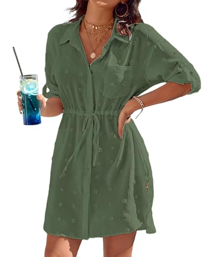 Rayson Robe de Plage Femme Maillot de Bain Cache 3/4 Manches Col en V Blouse Boutonnee Robe de Plage avec Poche Lâche à Manches Longues Nouer Chemisier...