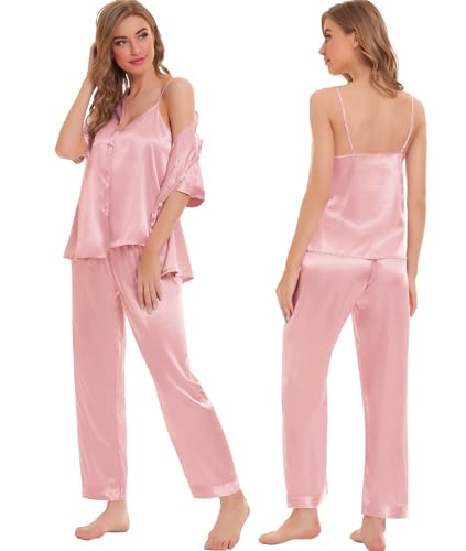 Image of SWOMOG Womens Silk Satin Pajamas Sets 4pcs Sleepwear Sexy Cami Shorts Set and Button Down Short Sleeve Pjs Loungewear