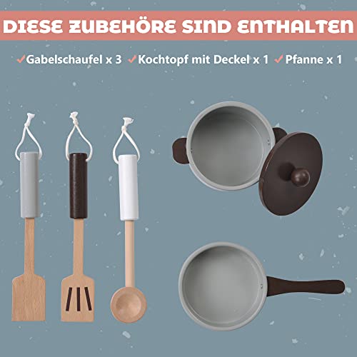 Kinderküche, Spielküche aus Holz, Küchen-Spielzeugset mit vielen Funktionen und Zubehör, Töpfen, Pfannen, Küchenbesteck… – Bild 8