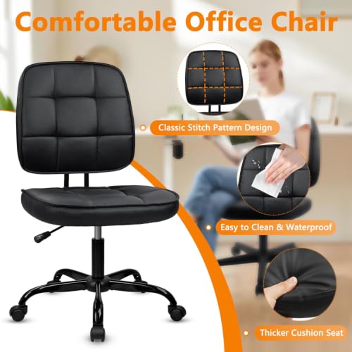 Image of CLATINA Armless Home Office Chair with Lumbar Support and Wheels, Small PU Leather Ergonomic Low Back Desk Chairs No Arms, Adjustable Height 360 Swivel Rolling Computer Task Chair, Black, 8 Pack