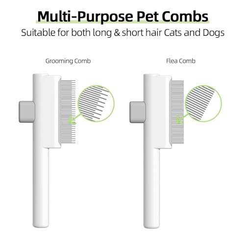 Image of Marchul 2 Pack Self-Cleaning Pet Grooming Comb Set, Cat & Dog Flea Brush with One-Click Release Button, Stainless Steel Round Teeth Comb for Removing Tangles, Loose Fur and Shed Hair, White