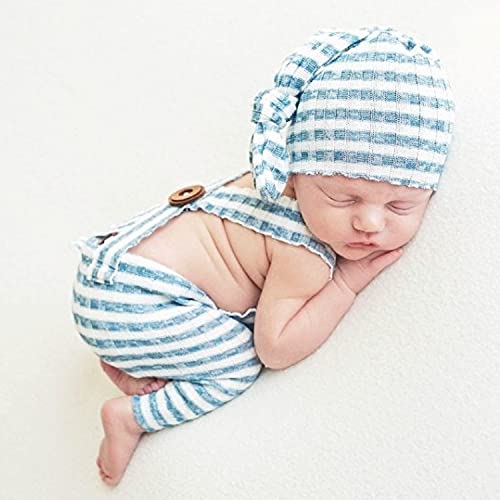 Winmany Neugeborene Baby Fotografie Requisite Outfits Gestreifter Overall Strampler Knotenhut Fotoshooting Kostüm für 0-2 Monate