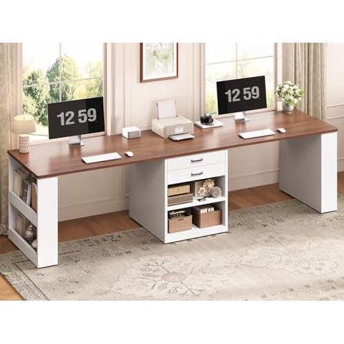 SEDETA 90.5" 2 Person Computer Desk, Long Office Desk with Storage Drawers, Two Person Gaming Desk Writing Table with Storage for Home Office, White W