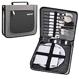 BRONZY Picnic Set Camping Cutlery Organizer Dinnerware Set - 24pcs Mess Kit,Portable Eating Set with Plates,Spoons,Knives,Wine Opener,Forks,Napkins (Grey)