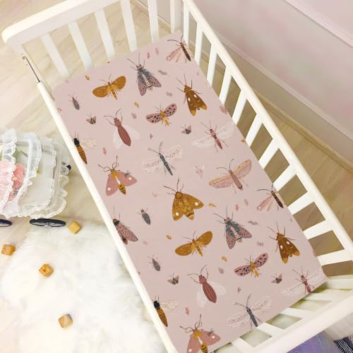 Image of Butterflies Bugs Retro Crib Sheets Soft Breathable Fitted Baby Crib Sheets Mattress Cover for Girls Boys, 52 inch x 28 inch x 9 inch