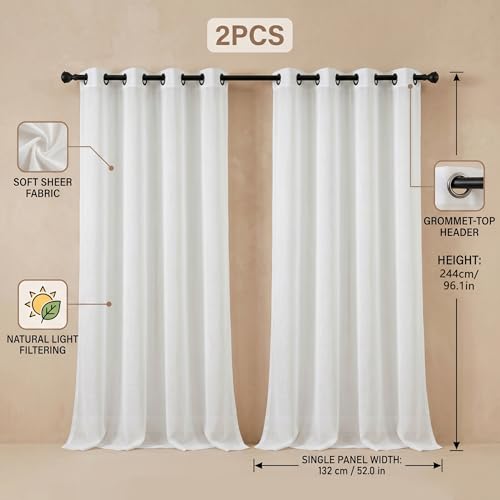 Wilafury 2-Piece Net Curtains, 84 Inches Long Sheer Light Filtering Outdoor Drapes with Iron Rings, White, 42W x 96L - Image 5