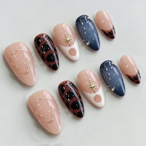 Luxury Press on Nails Medium Almond Handmade 3D Unique Reusable ABS Material Fake Nails French Tip False Nails with Leopard Print Gold Bead Designs Glossy Glue on Nail Thick Acrylic Nail(S)
