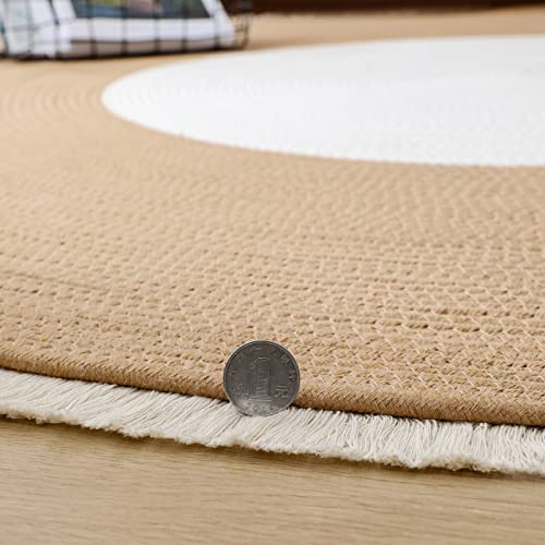 Image of Cotton Rope Rounds Rug with Tassels - Handwoven Bohemian Carpet for Living Room, Bedroom, Pooja & Home Decor, Soft & Washable Floor Mat, White & Beige, 7x7 feet