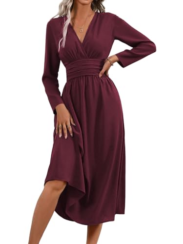 LIAMERHE Robe Hiver Femme Élégante Col en V Manches Longues Robes Casual Taille Haute Ligne A Robe Longue Robes de Mariage Décontractée Fuchsia XXL