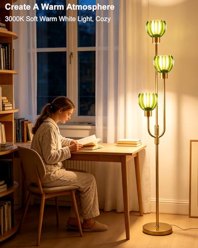 Image of 3-Lights Modern Glass Floor Lamp Gold Dimmable Floor Lamps with 3000K Warm White Bulbs for Wedding Party 66IN Tall Standing Lamp with Green Glass Shade for Living Room /Bedroom /Girls Room
