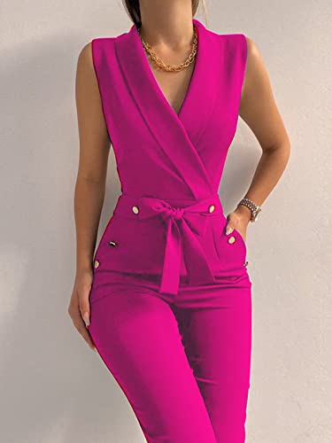 Women's Elegant Jumpsuits V Neck Sleeveless Straight Belted Long Pants Business Suits Set With Pockets Rose Red M #TOP1