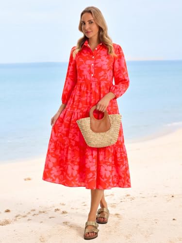 Image of Wenrine Womens Casual 3 /4 Sleeve Shirt Dress Button Down Flowy Maxi Dress