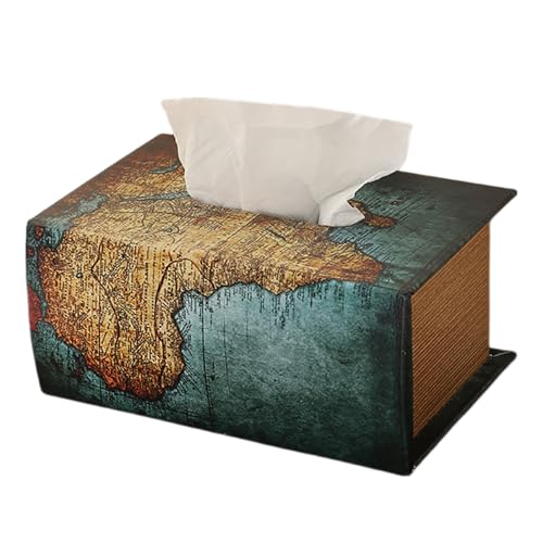 Vintage Book Tissue Box Cover, Wooden Antique Rectangular Decorative Map Tissue Holder Dispenser for Home Decor, Office, Bathroom, Living Room, Kitchen(Map A1)