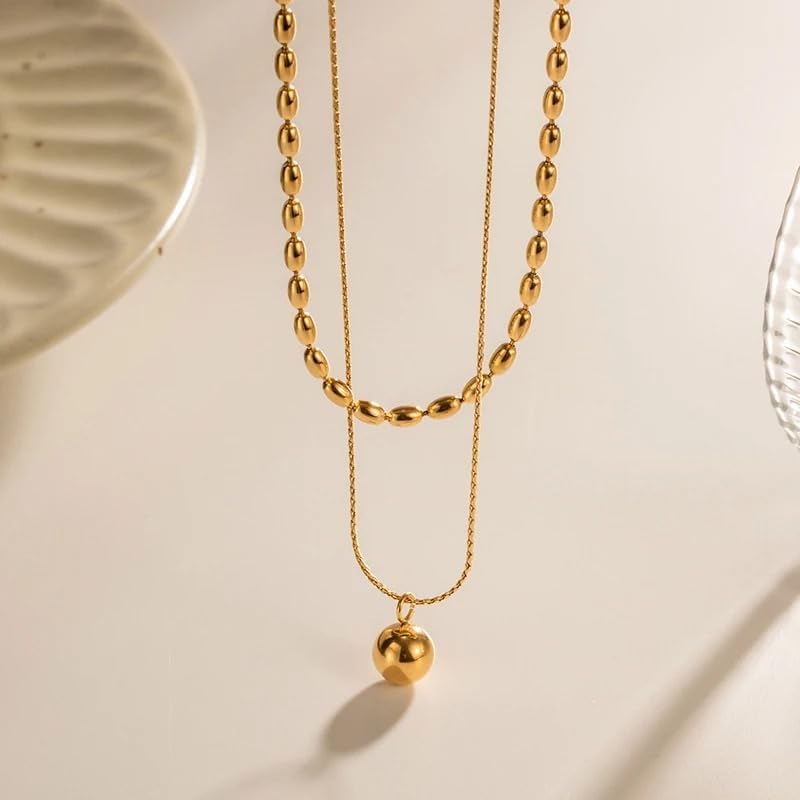 18K Gold Plated Stainless Steel Layered Necklace with Polished Ball Pendant – 16 Inch Double Chain Bead Design, Nickel Free, Hypoallergenic, Waterproof - Image 6