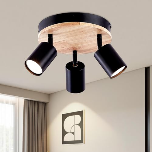 LED Deckenstrahler 3 Flammig Modern Rund Holz Deckenleuchte Schwenkbar, 350° Schwenkbar Strahler GU10 Spotbalken Deckenlampe Spot Deckenspot für Küche Schlafzimmer Wohnzimmer Flur mit Leuchtmittel