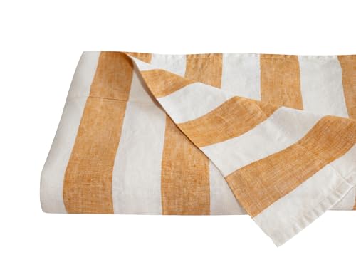 S VICTORY SYMBOL 100% Organic Linen Flat Sheet 1 Piece Only 108x102 inch-Yellow Stripe Stone Washed French Flax King Size Bed Sheet,Yarn Striped Flat Top Sheet Breathable and Durable