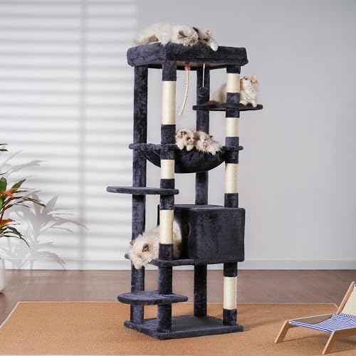 Heybly Cat Tree for Large Cats 20 lbs Heavy Duty,60 inches XXL Cat Tower for Indoor Cats,Multi-Level Furniture Condo with Big Padded Plush Perch,Cozy Basket HCT050G