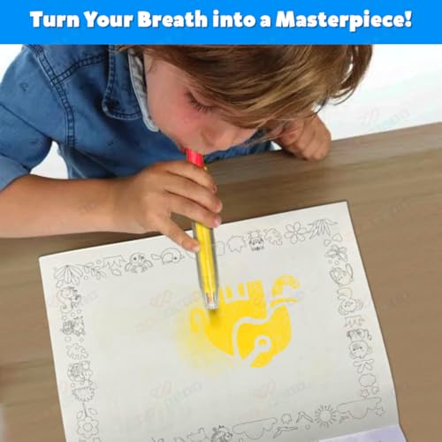 Image of Wembley Blow Pen Painting Colour Set-Unique Birthday Gift Colour Pens Set-Colouring Kit for Kids-Spray Pen Stationery Bundle with 35 Stencils,4 Fluorescent Markers & 16 Colouring Pages-Jungle,Multi