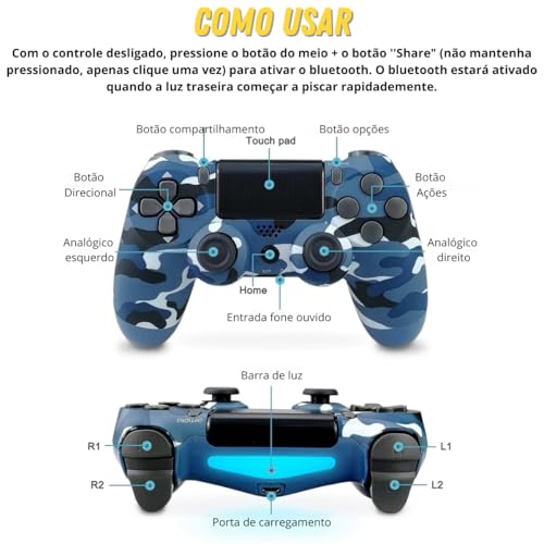 Controle Sem Fio para Joystick de Jogo Compatível Com PS4/Slim/Pro/PC Acompanha Cabo de Carregamento