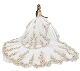 Mauuwy Shiny White Quinceanera Dresses Off Shoulder Gold Applique Lace Beads Tassel Sweet 16 Dresses Vestidos De 15 Anos Quinceaneras with Long Train Size 0