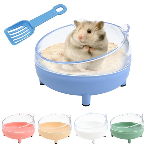 Hamster Sand Bath Container6.5 Inch Transparent Sandbox Toilet with Sand Shovel for Dwarf Hamsters,Gerbils and Small Pets, Dust-Free Bathing with Rounded Edges (Blue)
