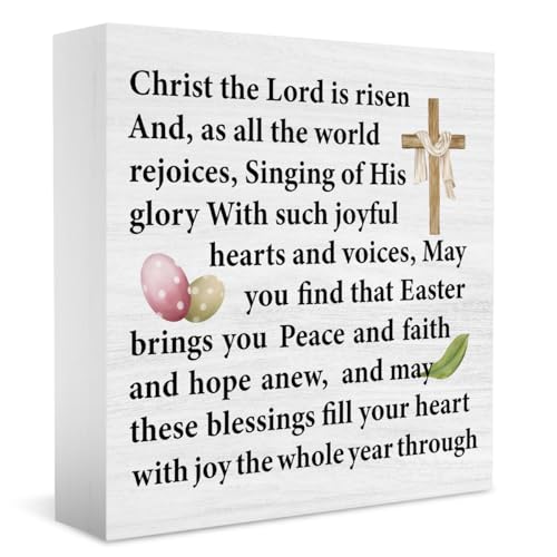 Christian Easter Decor Religious Bible Verses Easter Jesus Cross Decorations for Office Home Bedroom Farmhouse Kitchen Tiered Trays Desk Table Wooden Decor 5 X 5 Inch