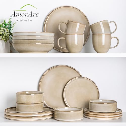 AmorArc Ceramic Dinnerware Sets, Handmade Reactive Glaze Stoneware Plates and Bowls Sets,Highly Chip and Crack Resistant | Dishwasher & Microwave Safe Dishes Set, Service for 4 (12pc)