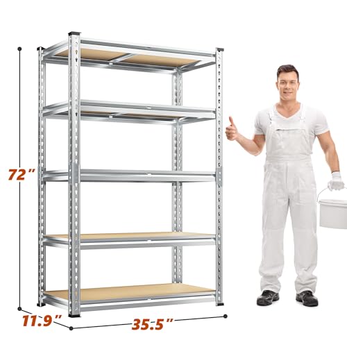Image of REIBII Garage Shelving, 5 Tier Storage Shelves Load 2400LBS, Adjustable Garage Shelving Heavy Duty, Metal Shelving Unit with Waterproof Columns, 35.5 inch W x 11.9 inch D x 72 inch H, Galvanized, 4 Pack