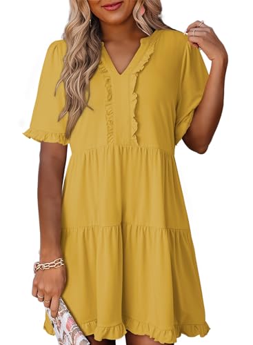 Image of Dokotoo Womens Summer Dresses 2026 V Neck A Line Short Sleeve Casual Ruffle Babydoll Mini Dress