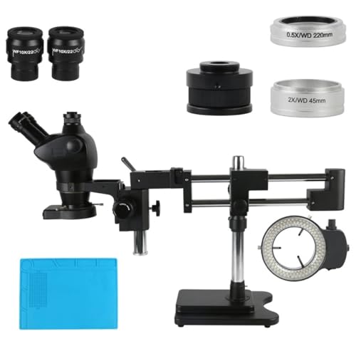 Microscope 8X-50X 4X-100X Zoom Simul Focal Double Boom Stand Stereo Trinocular Microscope + 0.5X 2.0X Lens for PCB Soldering Repair(Without Camera)