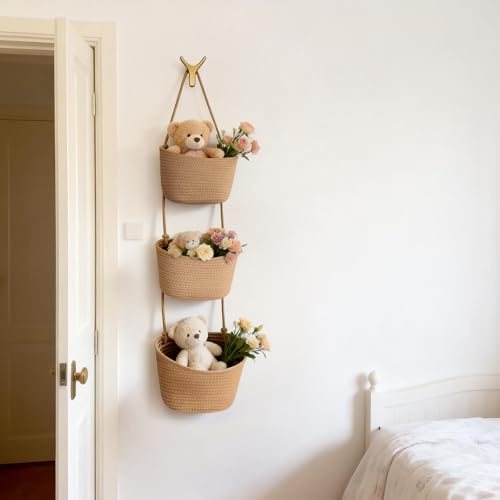 3-Etagen Baumwoll-Seil Wandkorb - Gewebte Aufbewahrungsorganizer mit Jute-Design für Schlafzimmer, Badezimmer, Küche & Wohnzimmer (A)