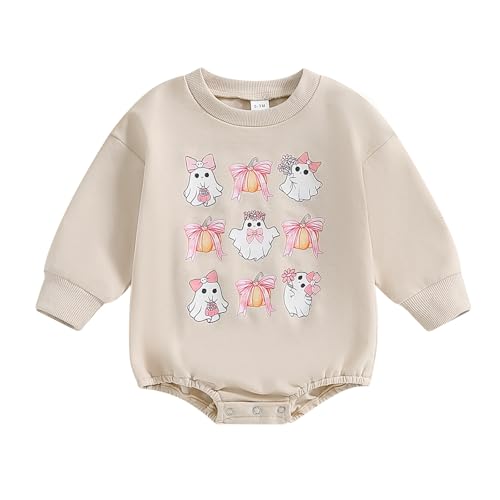 Image of Ysfanwuxi Newborn Baby Girl Halloween Outfit Pink Bow Ghost Pumpkin Bubble Romper Sweatshirt Onesie Infant Fall Clothes