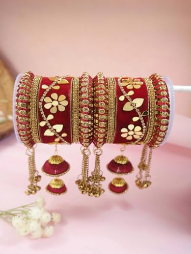 Image of I Jewels Gold Plated Traditional Velvet Matching Embellishments Work & Latkan Detailing Bangles Chuda Bangle Set for Bridal /Women