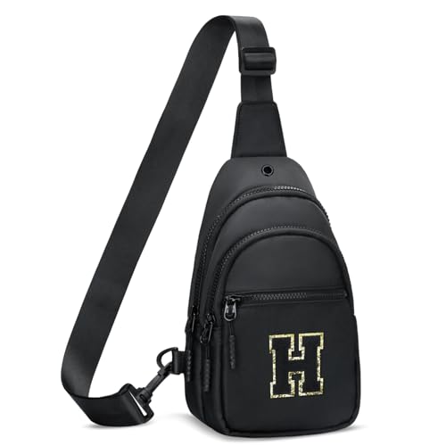 CLOUDWINGS Small Initial Sling Crossbody Bags for Girls Women Fanny Pack Chest Bag Purse Personalized Birthday Gift - Black - H