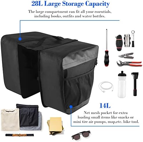 Welltop Bike Pannier Bag, 28L Waterproof Bike Rack Bag, Trunk Bag Bicycle Rear Saddle Panniers Accesories