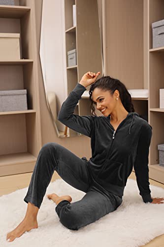 Facitisu Sweat Suits For Women Set 2 Piece Outfits Velvet Joggers Velour Tracksuit Hoodie And Sweatpants (L, Grey) #TOP3