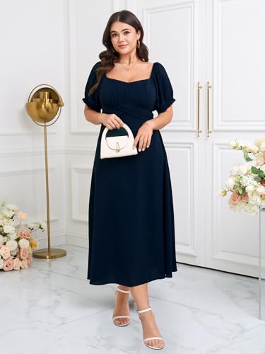 SCOMCHIC Women's Plus Size Wedding Guest Dress Semi Formal Short Sleeve Square Neck A-line Long Cocktail Maxi Dresses2