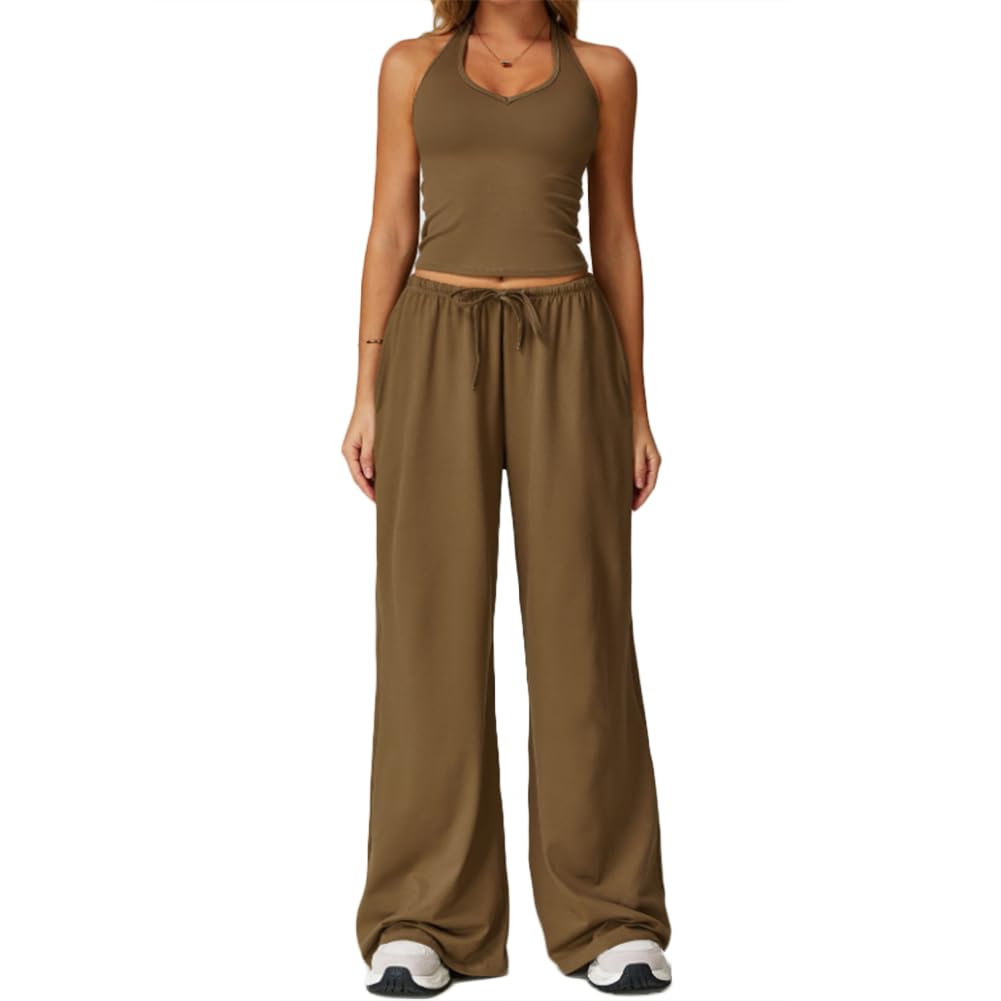 XYFfybhsd Active Wear Sport Woman Flare Pants Gym Fitness Sets 2 Piece Sexy Yoga Outfit Apparel(Size:M,Color:Brown)