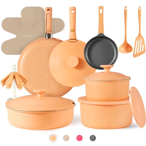 CAROTE 24pcs Pots and Pans Set Non Stick, Nonstick Cookware Set, Oven/Dishwasher/Fridge Safe Pots and Pans, RV Safe Cookware, Induction Kitchen Gift Set Detachable Handle, Peach