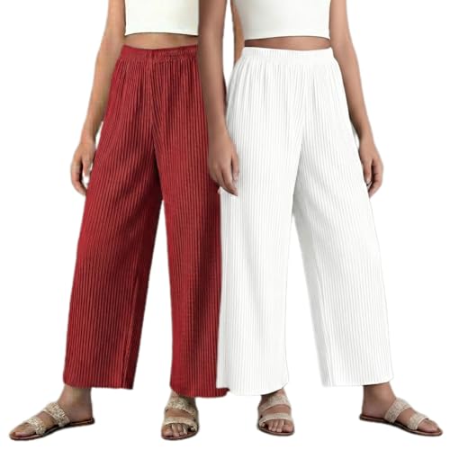 Image of Set of Combo Trouser and Pants for Girls and Women's Relaxed Fit Stretchable Regular Fit Palazzos Lightweight Elastic Waistband Bottoms for Daliy Office & Casual Wear