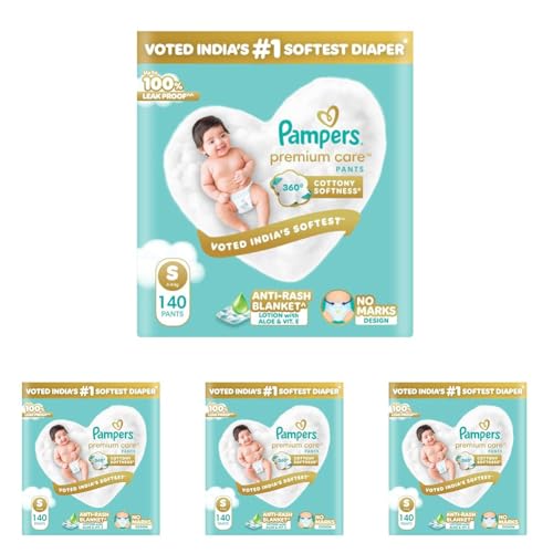 Image of Pampers Premium Care Pant Style Baby Diaper S 140 Count | No Marks Design | Voted India's #1 Softest Diaper | All in 1 diaper with 360 Cottony Softness (Pack of 4)