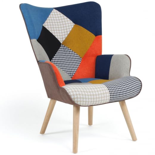 IDMarket Ivar - Sillón escandinavo en tejido Patchwork multicolor e impreso de pie de gallina