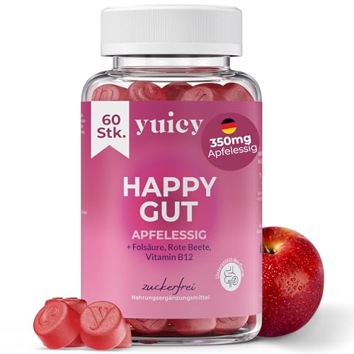 yuicy SHAPE Apfelessig Gummies Hochdosiert (500mg) mit Vitamin B12, Folsäure & Rote Beete. Ideal für den Stoffwechsel & Entschlacken. Vegan und zuckerfrei. 60 Gummibärchen.
