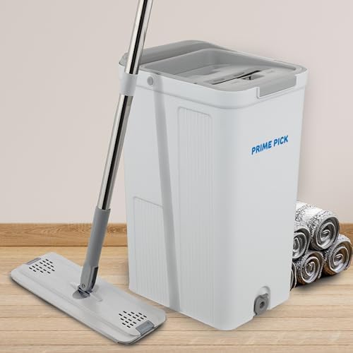 PRIME PICK Plastic Mop And Bucket With Wringer Set, Flat Floor Mop And