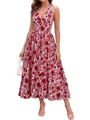 Image of Parthea Women's Gingham Halter V Neck Midi Dress Corset Smocked Sundress Flowy A Line Wedding Guest Dresses